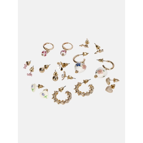 No Boundaries Assorted Flower, Hearts and Studs Earrings, 9-Pack, Women’s