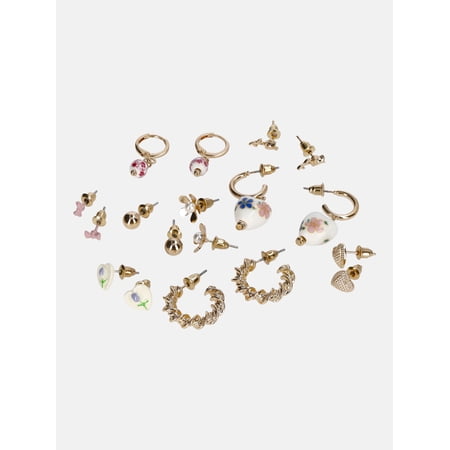 No Boundaries Assorted Flower, Hearts and Studs Earrings, 9-Pack, Women’s