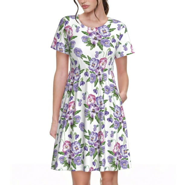 Fotbe Violets Flowers Vestido Largo de Moda para Mujer, Vestido Tipo Camiseta con Manga Corta y Estilo Casual a Rayas y Bloques de Color