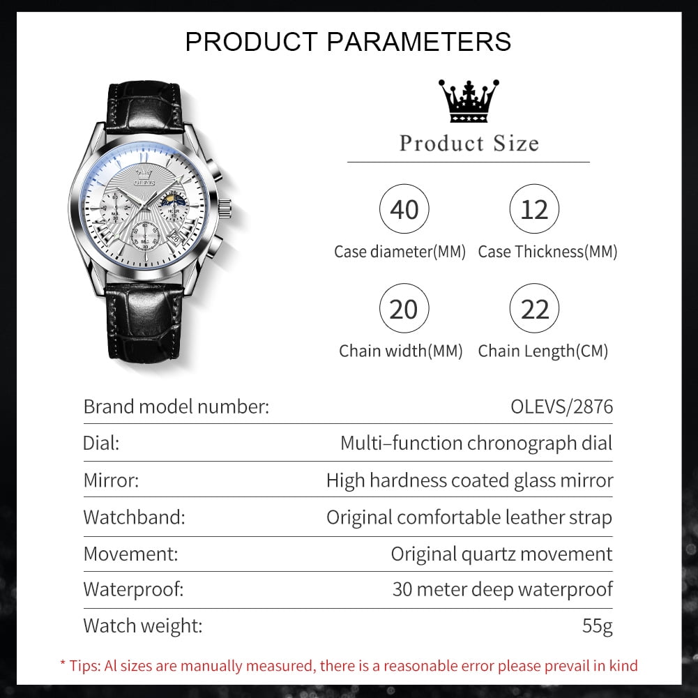 OLEVS Watches for Men Chronograph Black Leather Gold Plated Case Analog Quartz Fashion Business Dress Large Face Mens Watches Luminous Waterproof Casual Male Wrist Watch Reloj para Hombre