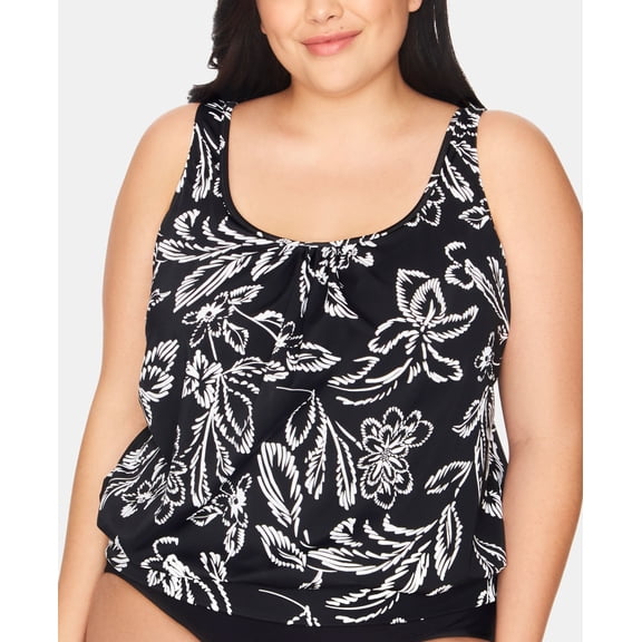 Swim Solutions Womens Plus Size Printed Blouson Tankini Top,Black/White,18W