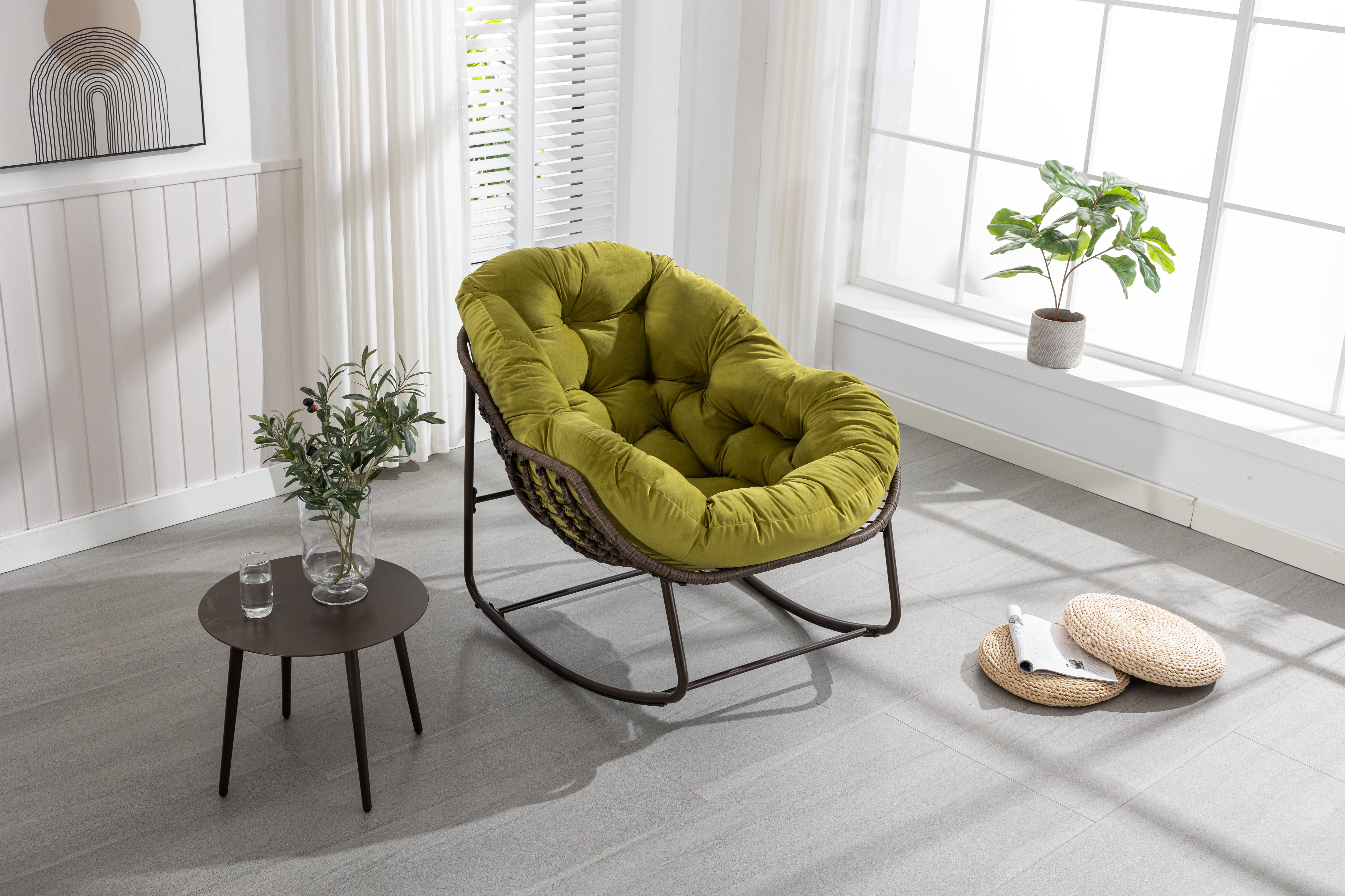 Outdoor Rattan Rocking Chair Oversized with Padded Cushion, Hand-Woven Egg Rocker Chair for Patio and Front Porch, Olive Green