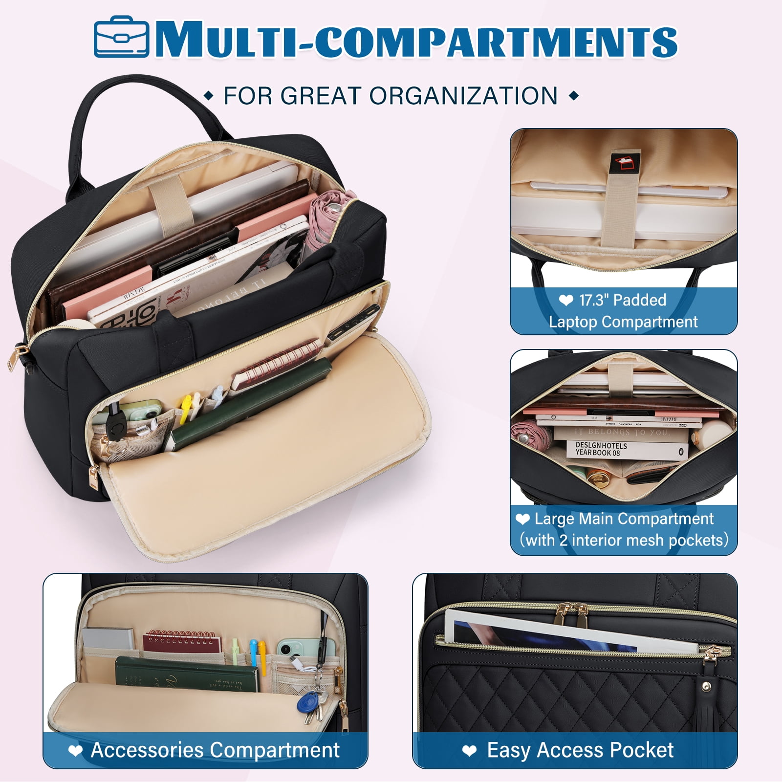 RAINSMORE Laptop Bag 17.3 Inch Messenger Shoulder Bags for Women Waterproof Computer Briefcase Large Laptop Case for Work Business Office College Travel,Black