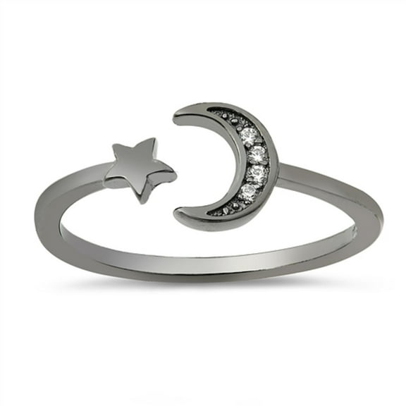 Clear Cubic Zirconia Star And Moon Adjustable Ring Sterling Silver Size 6