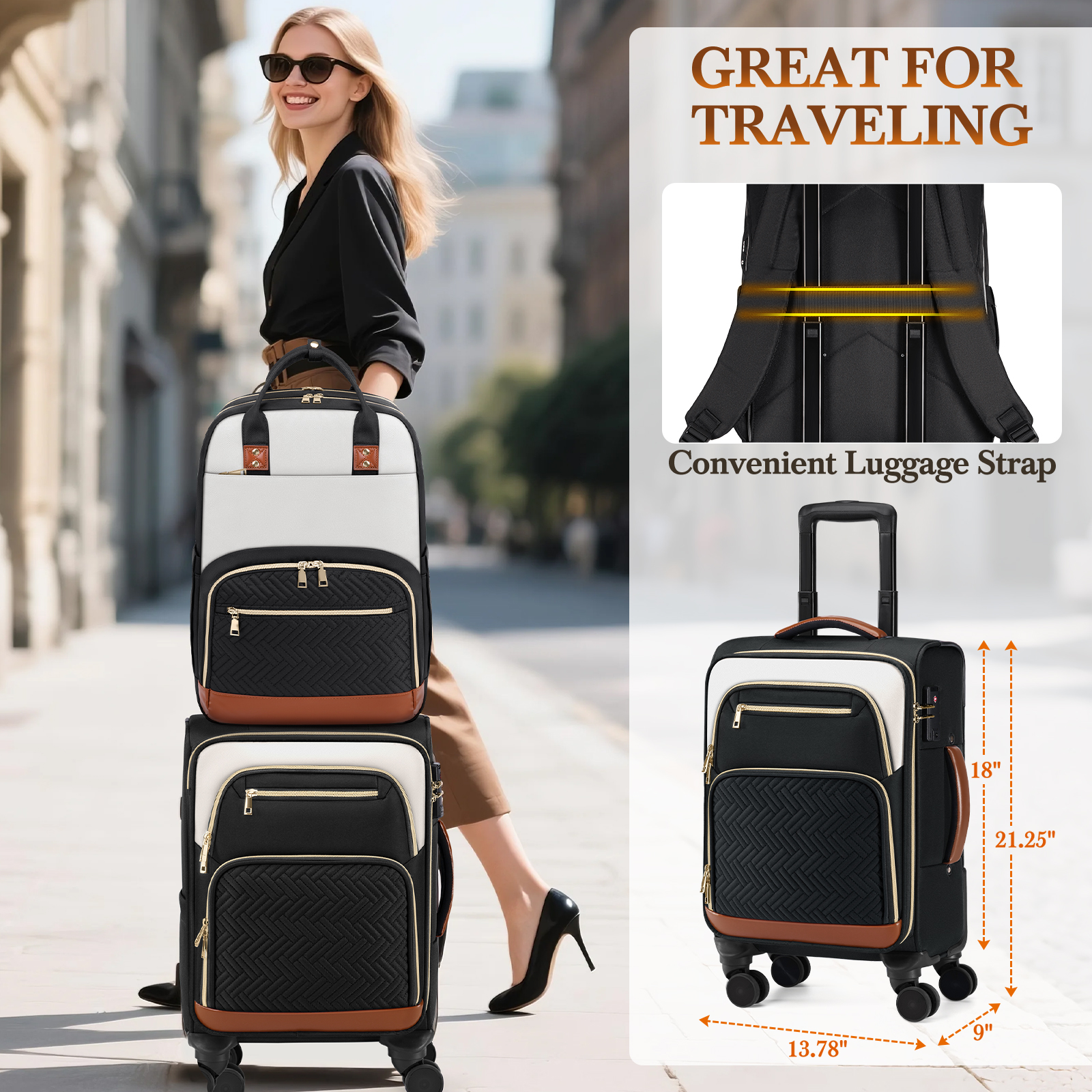 RAINSMORE 3 Piece Carry on Luggage Set with Backpack 20 Inch Softside Suitcases with Wheels Rolling Carry On Suitcase with TSA Lock for Travel Weekender,Black&White