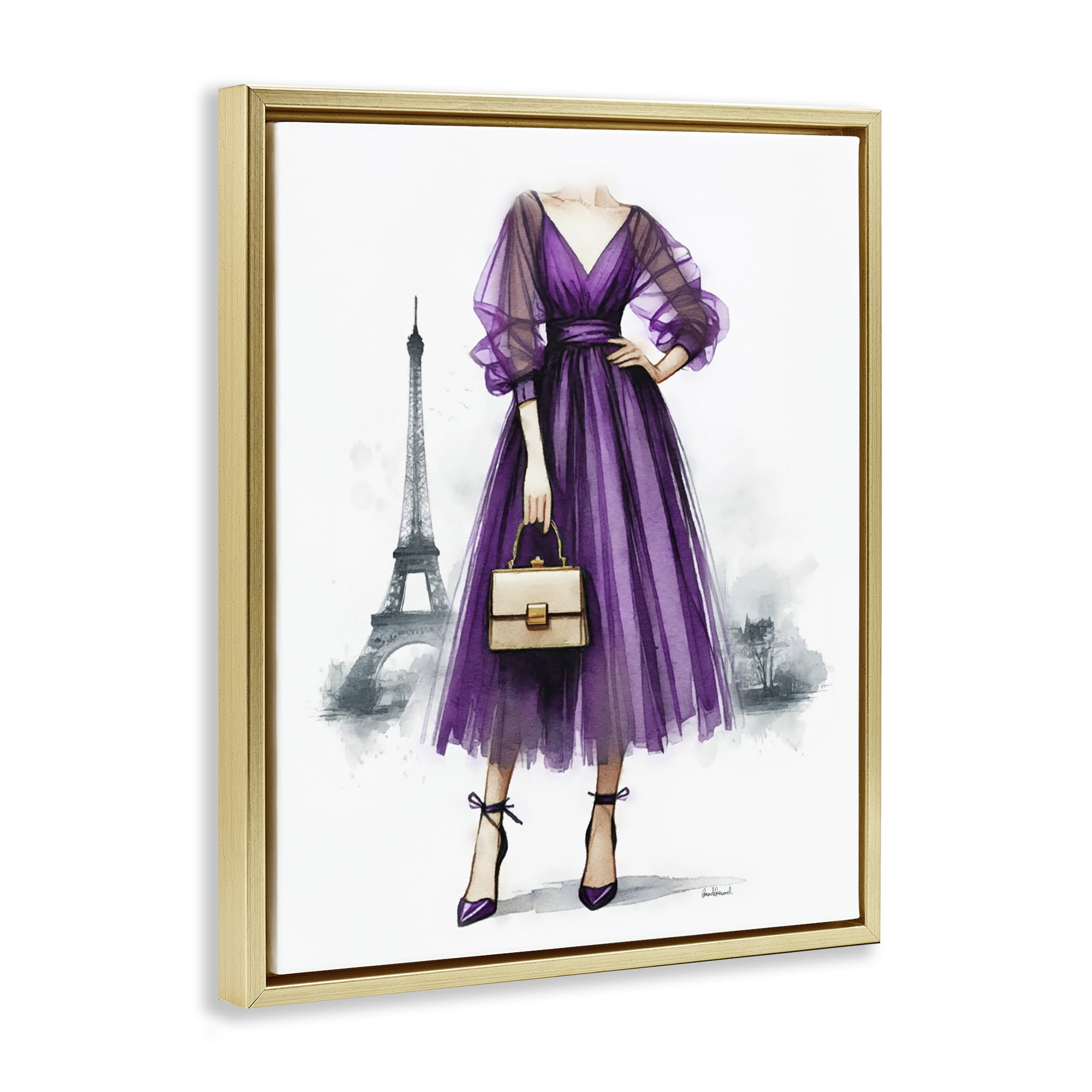 Stupell Industries Glam Purple Paris Gown Fashion Painting Gold Floater Framed Canvas Art Print Wall Art, 17 x 21