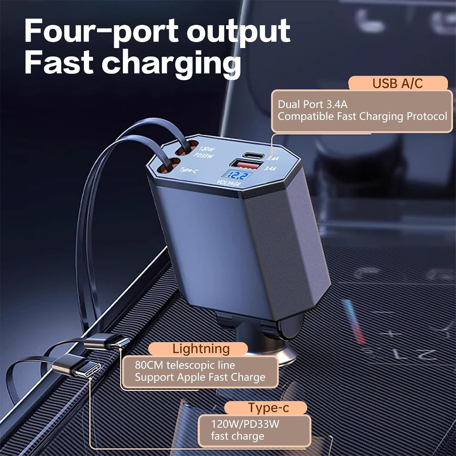 Ibksdj Retractable Car Charger, 120W 4-in-1 PD33W and QC3.0 Ultra Fast Charging car Phone Charger, with 2.6ft Fast Charging Cable, Suitable for iPhone 17，16, 15, 14, 13, 12 Pro Max