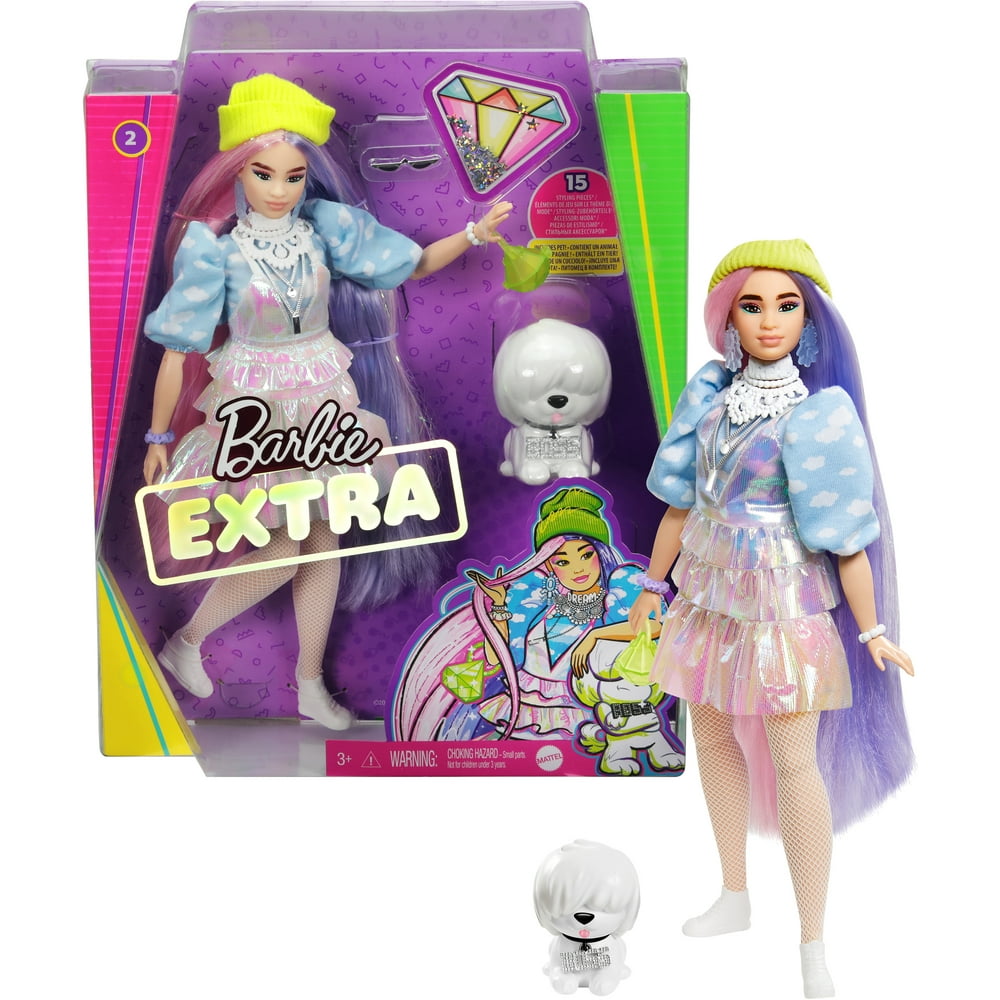 Barbie Extra Doll 2 in Shimmery Look with Pet Puppy, Pink & Purple