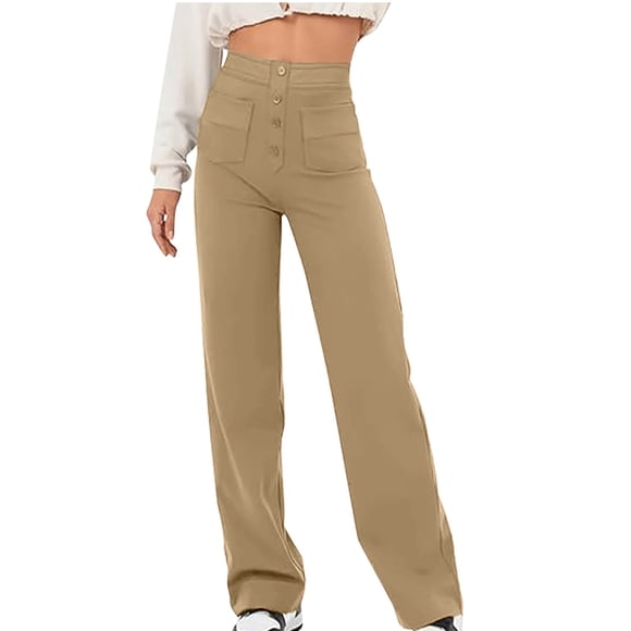 Lenpel Work Pants for Women Elastic High Waisted Button Front Straight Leg Dress Pants Business Casual Trousers with Pockets(Khaki,XX-Large)