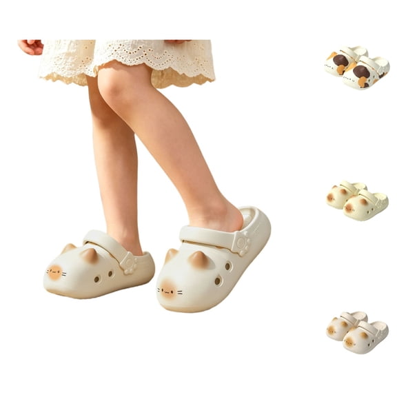 UJNDER Girls Clogs Girls Cute Cat Paw Non- Thick Sole Indoor Outdoor Summer Slide Slippers for Kids,Beige,11-11.5 Years