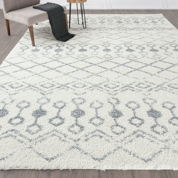 Wembley Shag Contemporary Shag Thick White and Gray Area Rug, 5' x 7'