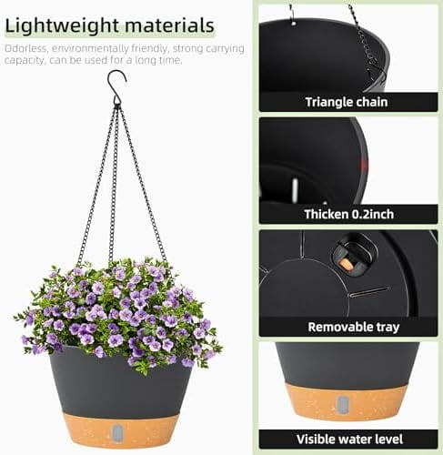 2 Pack 8 Inch Hanging Planters for Indoor Outdoor Plants, Hanging Baskets Flower Pots with Reservoir Tray & Visible Water-Level Dark Grey,8 inch