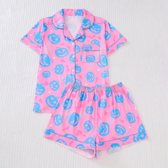 Halloween Couple Pajamas Satin Silk High-Waisted Lightweight Spider Pumpkin Pattern Silk Pj Shorts Set Short Sleeve Button Top with Shorts Sleepwear Loungewear