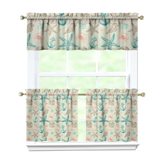 Kitchen Curtains 24 Inch Short - 3 Panel Set, Seashell Starfish Nautical Print, Rod Pocket Window Curtain for Tropical Beach Farmhouse, Sea Coral Cute Design, Easy Wash