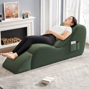 Yoga Curve Chair, Corduroy Yoga Chaise Lounge Chair for Adults, With Lumbar Pillow, Side Pocket, Ottoman, Modern Yoga Couch for Stretching and Relaxation, Green