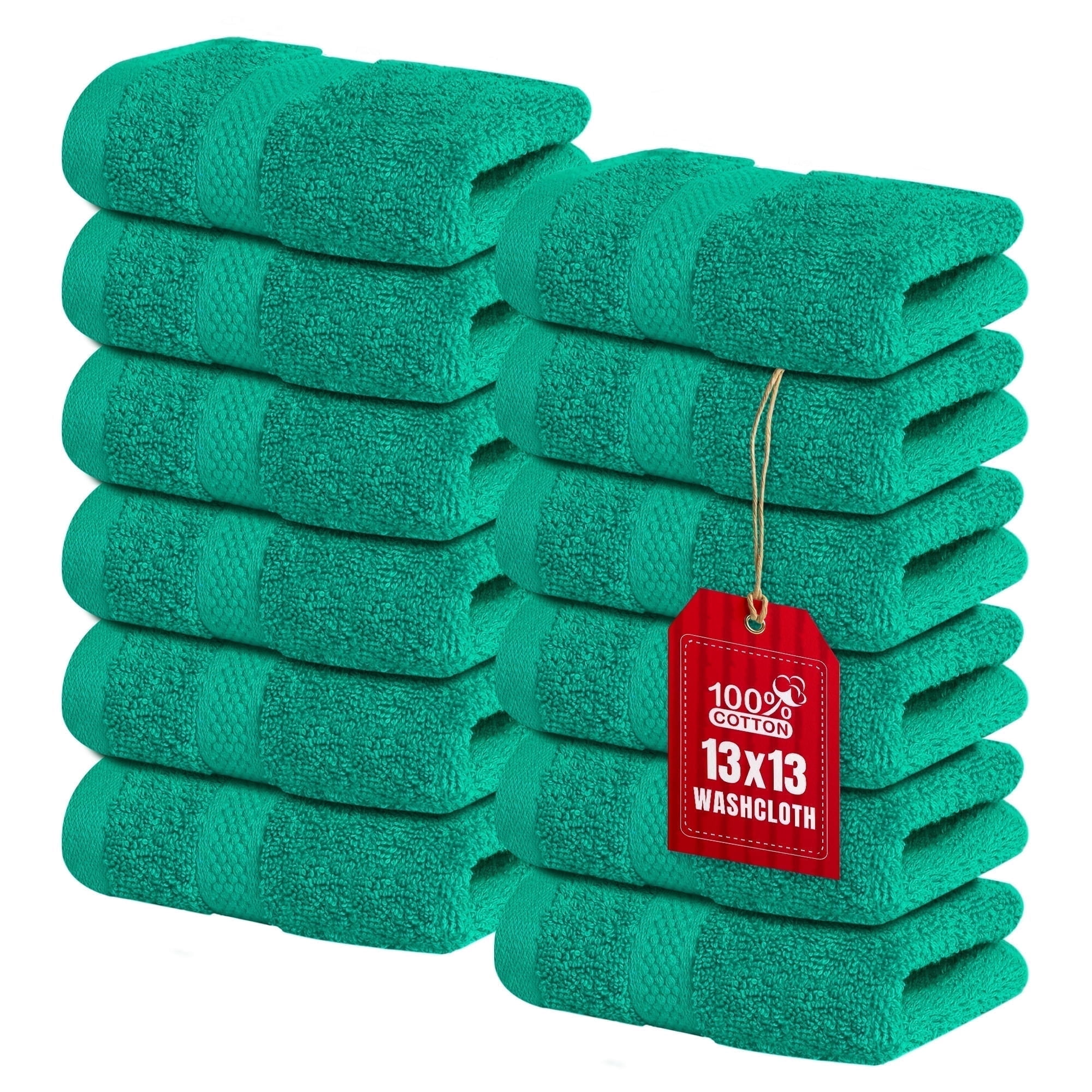 Infinitee Xclusives 12 Pack Premium Green Soft Wash Cloths and Face Towels, 13x13 100% Cotton