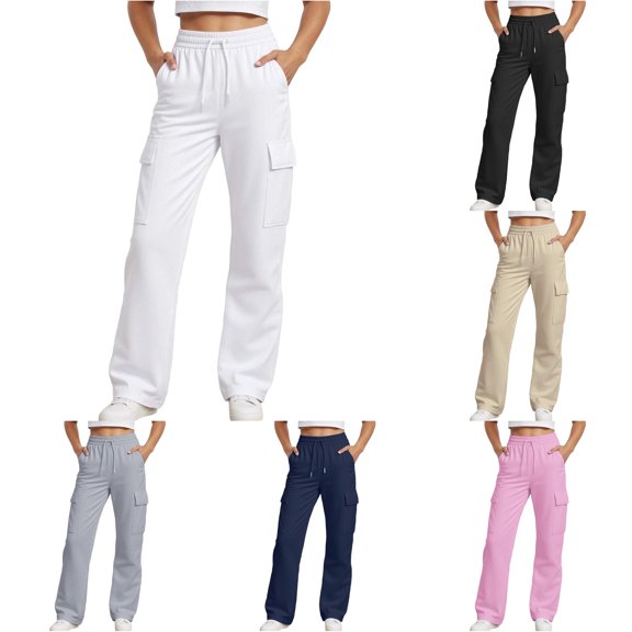 RUTAYY Girls Cargo Wide Leg Pants Solid Color Large Side Cargo Pockets Drawstring Elastic Waist Side Pockets Casual Bottoms White