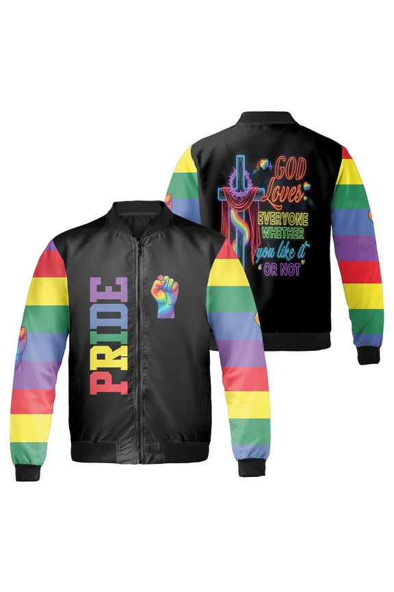 God Loves Everyone Whether You Like It Or Not Pride Bomber Jacket, Rainbow Cross and Fist Graphic, LGBT Pride Month Black Zip Up Jacket