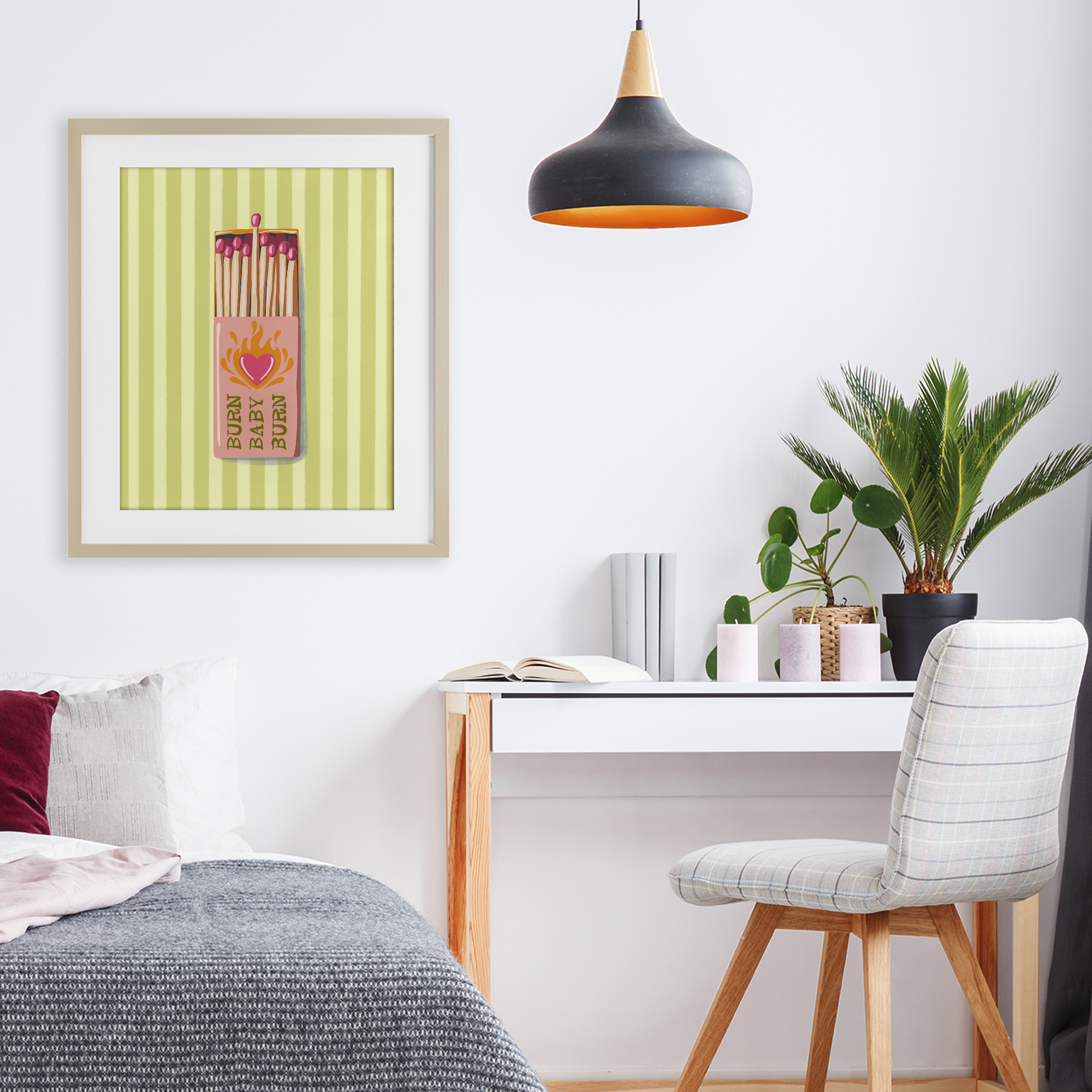 Burn Baby Matches Birch Framed Print Under Glass, design by Elyse Anastacia