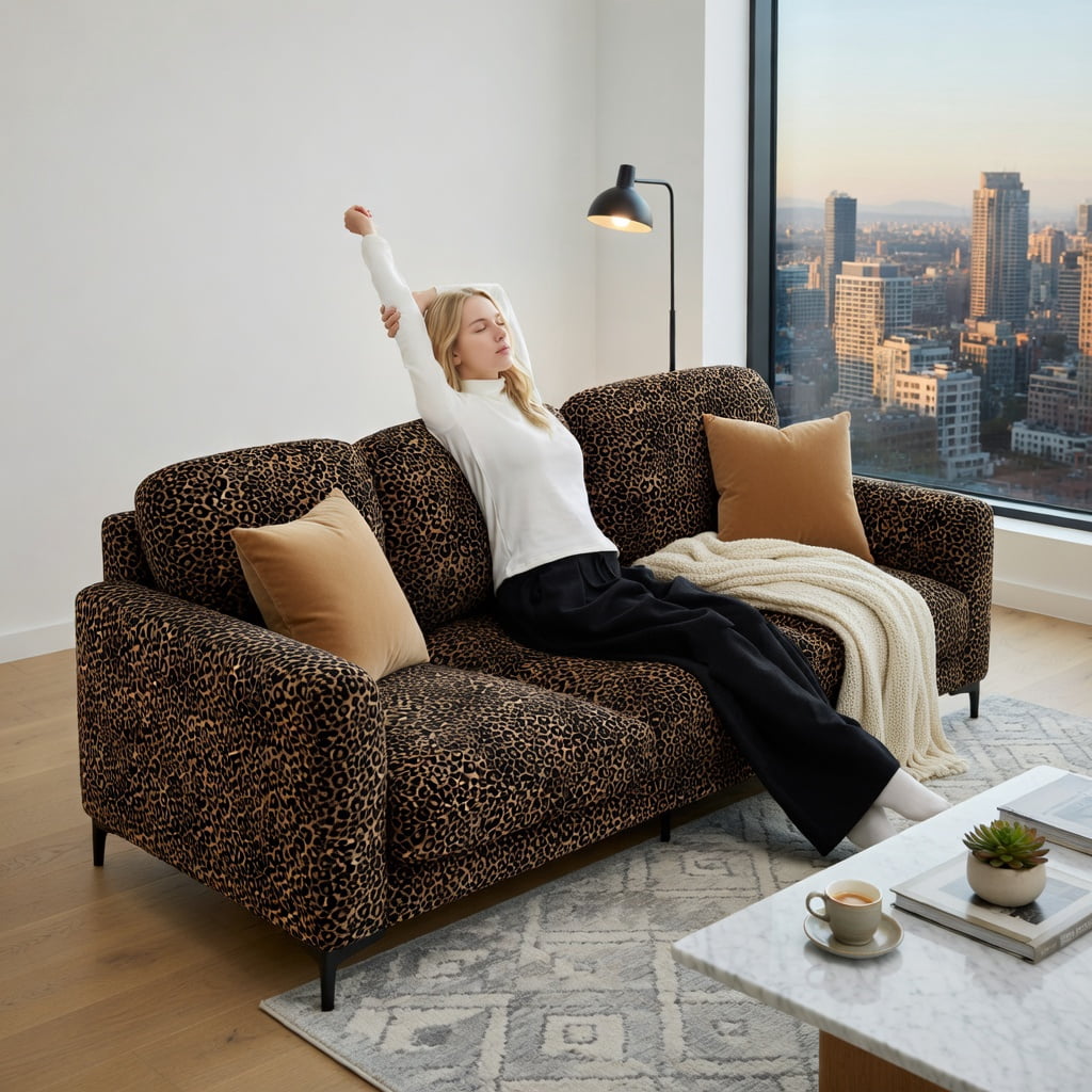 Hommoo Comfy Chenille Leopard Print Loveseat Sofa with Movable Ottomans, Tassel Trim & Ergonomic Deep Seat, Modern 2-Seat Modular Living Room Couch, Brown