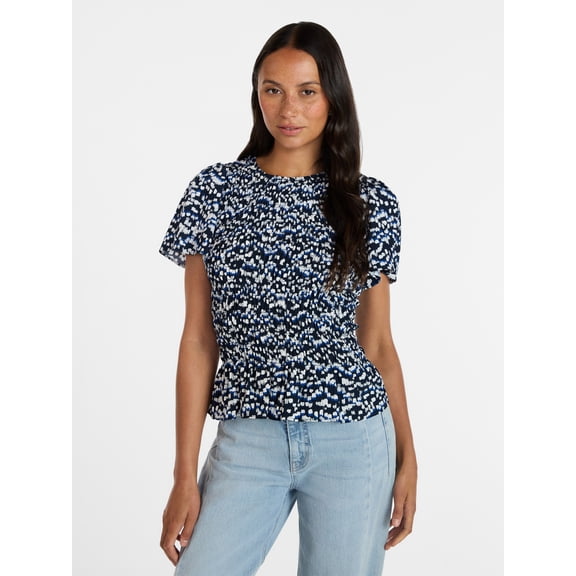 Time and Tru Women's Smocked Top with Short Puff Sleeves, Sizes XS-XXXL