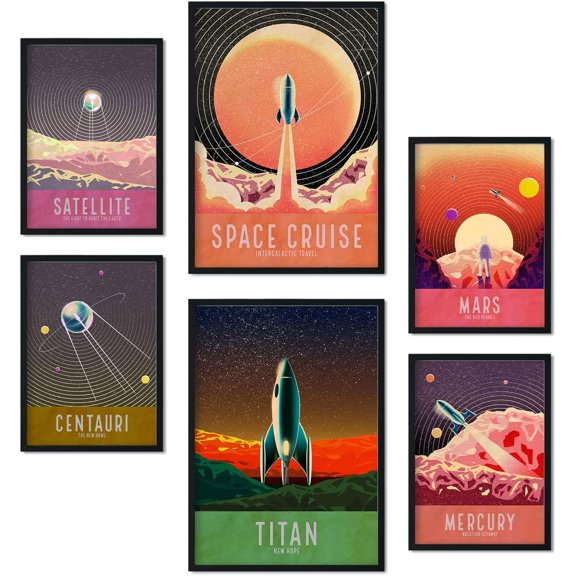 Set of 6 space posters - collection of posters in the style of collage for interior decoration, sizes A3 and A4, without frame.