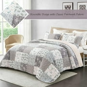 Whale Flotilla Reversible Patchwork Quilt Set King Size, Lightweight Boho Printed Bedspreads Coverlets Quilts Bedding Set with 2 Pillow Shams for All Seasons, Light Grey