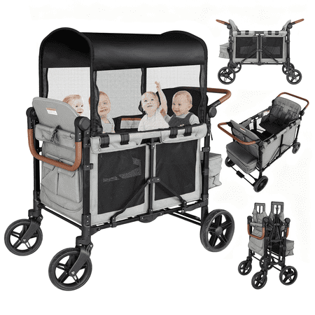Touheart Wagon Stroller for 4 Kids with Adjustable Canopy, 5-Point Harnesses, Removable Seats, Gray