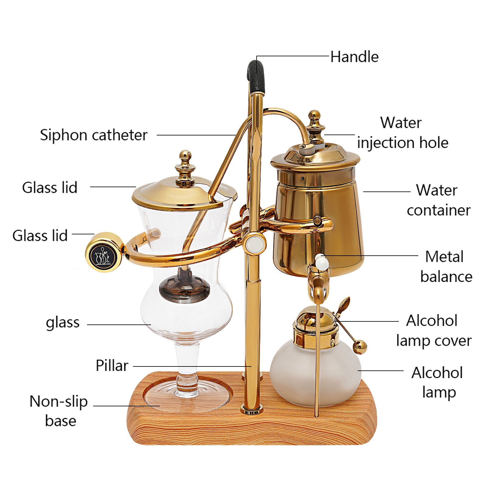 13.53oz Royal Belgian Belgium Balance Syphon Coffee Maker Siphon Brewer Golden for Homes, Coffee Shops
