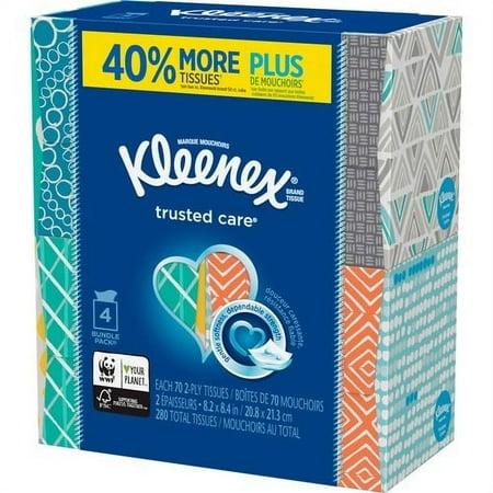 Kleenex Trusted Care Tissues 2 Ply - 8.20" x 8.40" - White - Soft, Strong, Absorbent, Durable - For Home, Office, School - 70 Per Box - 280 / Pack