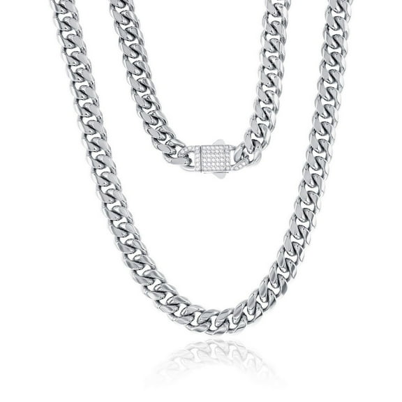 Beaux Bijoux Men's 12mm Miami Cuban Link Chain Necklace in Stainless Steel - Simulated Diamond CZ Lock Necklace | Men's Trendy Necklaces | Fine Chain Necklace