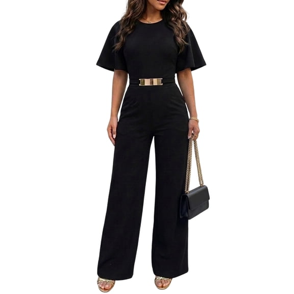 CHICME Jumpsuits for Women Crew Neck Short Sleeve Waist Metal Decor Wide Leg Dressy Casual Womens Jumpsuit with Pockets Black-L