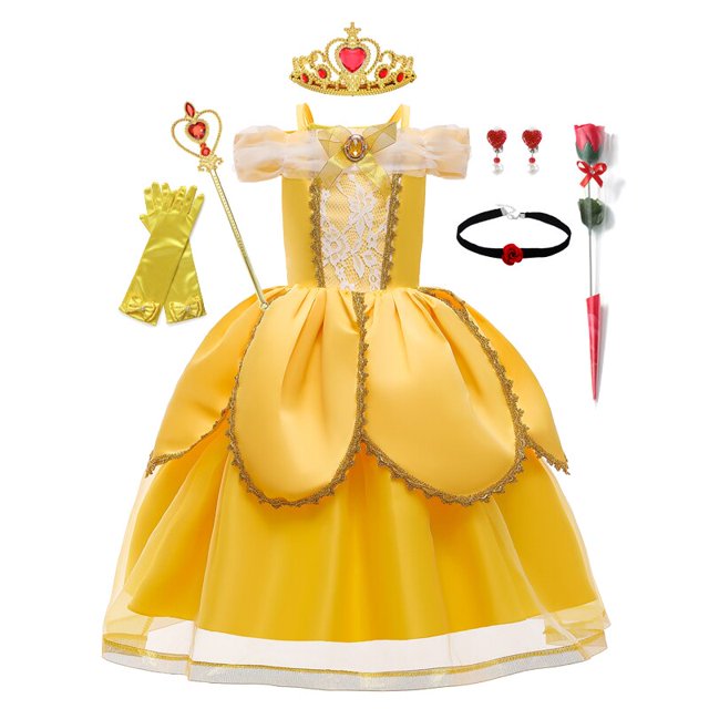 Vestido de princesa Bella de Disney, disfraz de Cosplay para niñas, disfraz de fiesta de cumpleaños de Halloween para niños, vestido de La Bella y la Bestia, ropa 6T (etiqueta 130) Gao Jinjia LED
