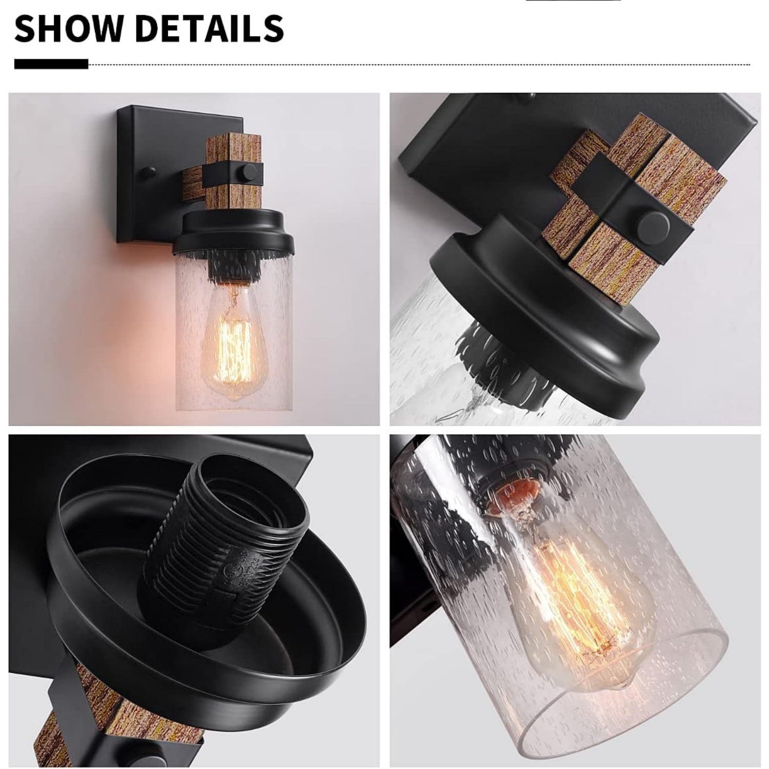 1-Light Rustic Wall Sconces Farmhouse Bathroom Light Fixtures Over Mirror, Handmade Wood Vanity Light Fixtures with Pretty Glass Shade, Wall Sconce for Bathroom Hallway Bedroom