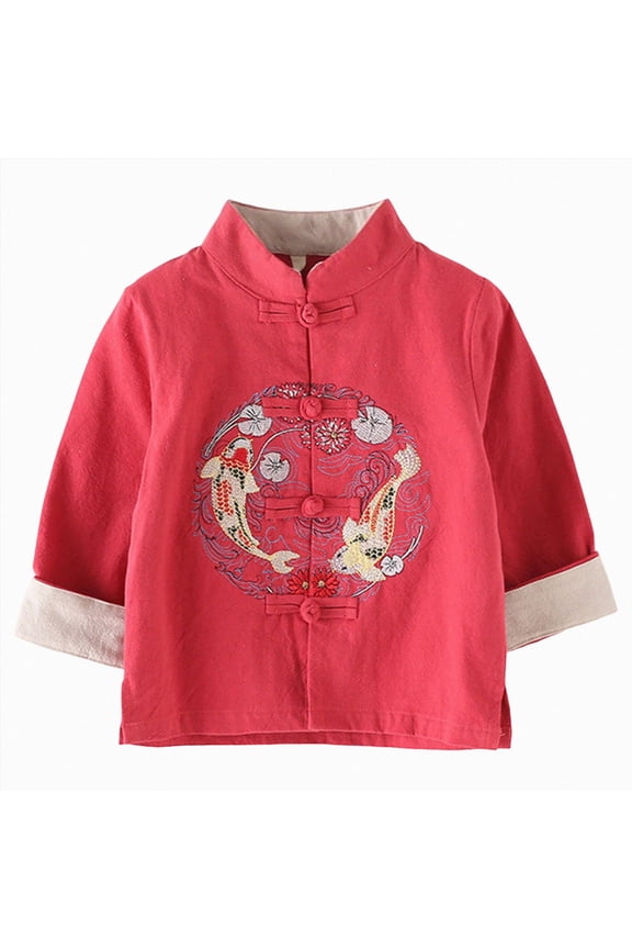 Boy Tang Suit Retro Long Sleeve Shirt Chinese New Year outfit Chinese Traditional Clothes for Kids Jackets Coat(Red,8-9 Years)