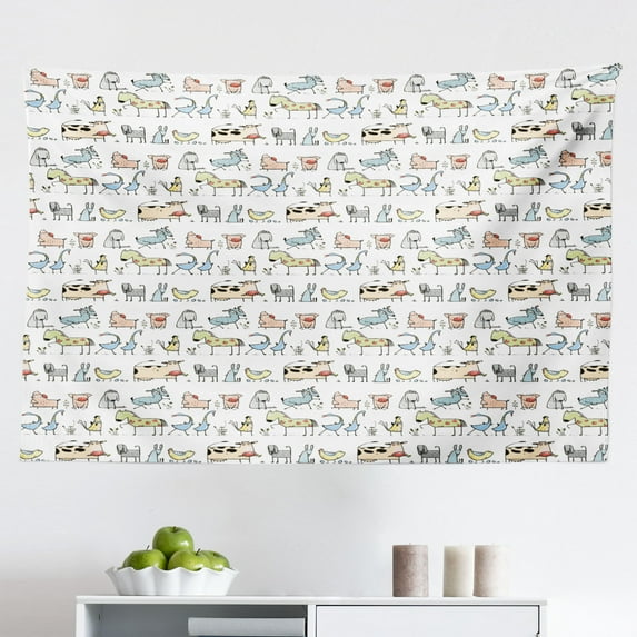 Reptile Tapestry, Magnificent Reptiles with Footprints Doodle Art Animals Abstract Pattern, Fabric Wall Hanging Decor for Bedroom Living Room Dorm, 2 Sizes, Brown White, by Ambesonne