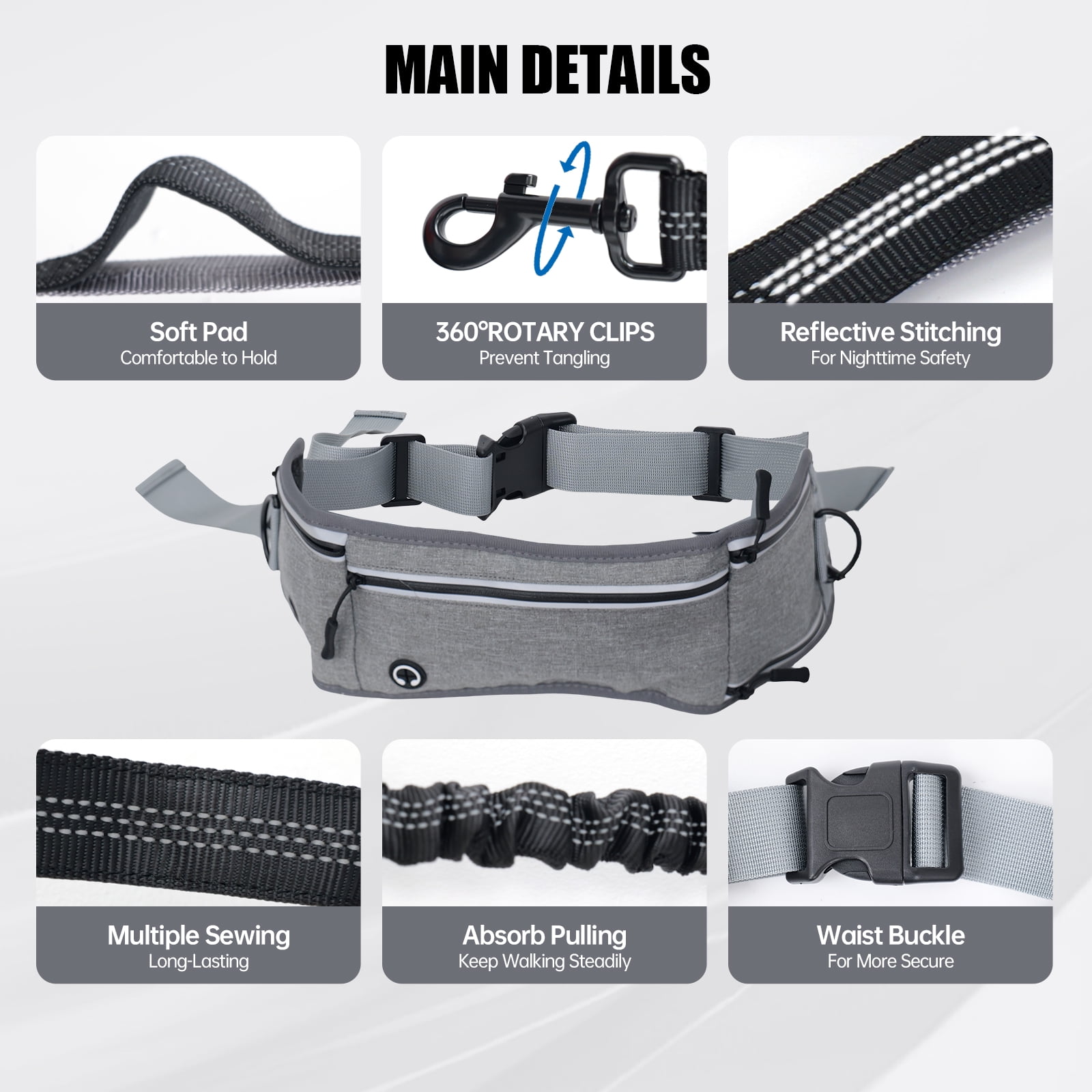 Hands Free Dog Leash with Waist Belt & Storage - Bungee Shock Absorber for All Size Dogs