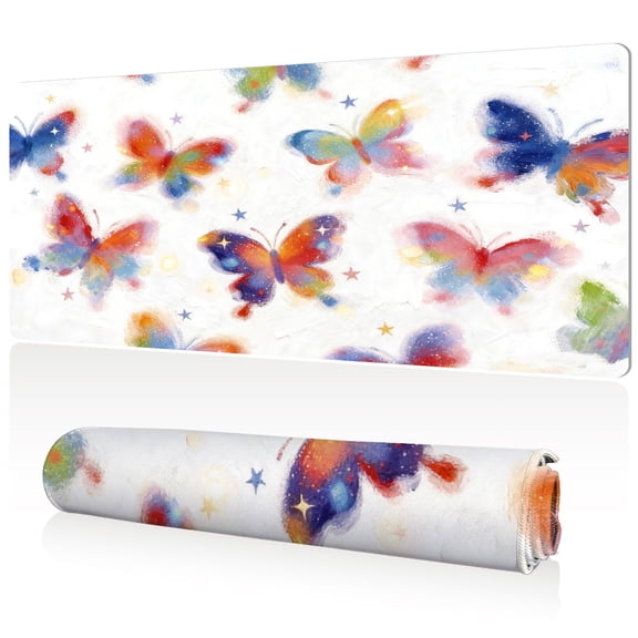 LIVEKEY Mouse Pad Ultra Large 80x40x0.3cm Full Desk Coverage Colorful Butterfly and Star Art with Sewn Edges for Gaming and Office