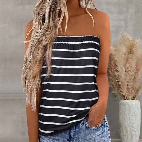 Loose Tank Tops for Women Women's Stripe Print Strapless Bandeau Tank Casual Loose Top Camisole Tops for Women Black L