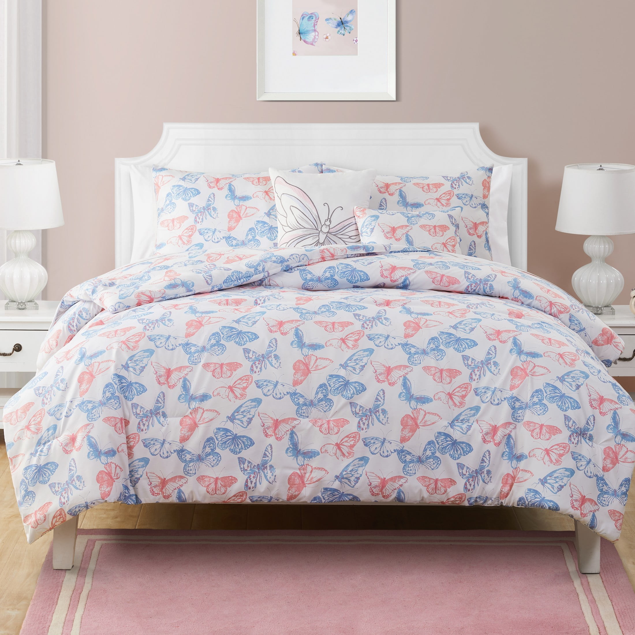 Olivia & Finn 4Piece Butterfly Comforter Set, Twin, White/Blue