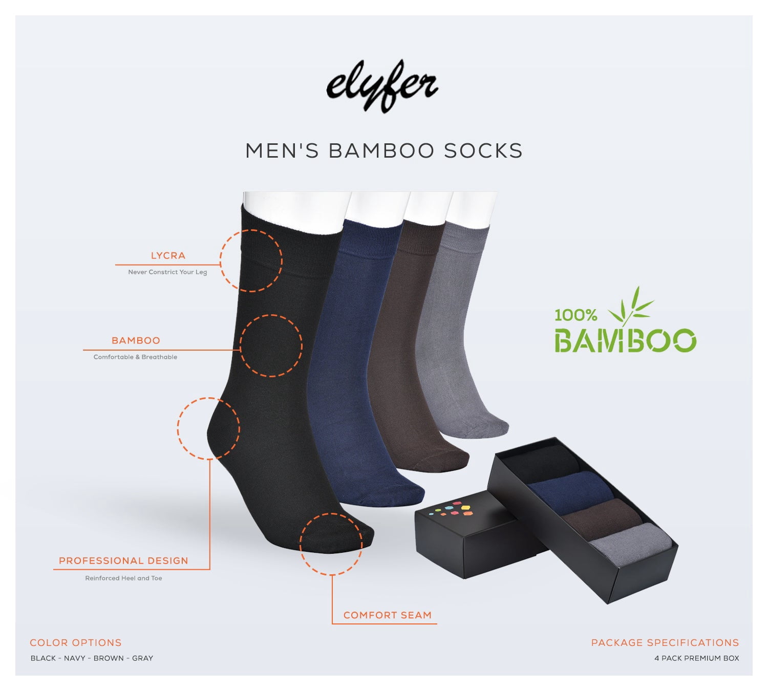 ELYFER Men's Bamboo Dress Crew Socks - 4 Pairs with Gift Box - Ultra Soft, Breathable, Casual, Seamless Toe Business Calf Socks for Men