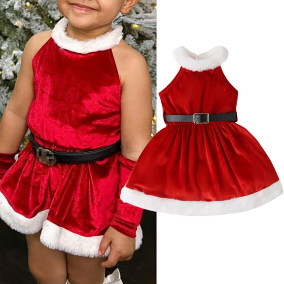 Kids Baby Girl Christmas A-line Dress Sleeveless Halter Dress with Belt Mrs Santa Claus Costume Outfit