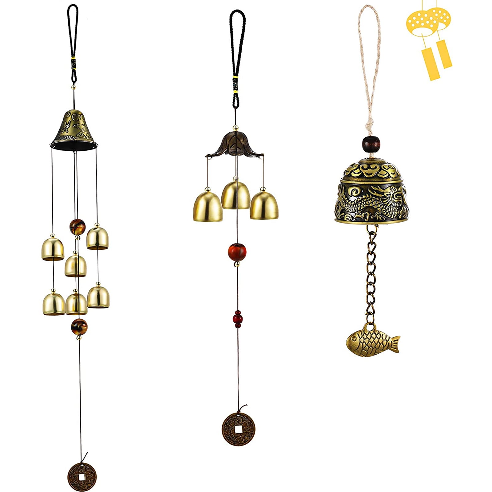 Lilone Round Fish 3 Bell Wind Chimes for Home - 18 Inch Hanging Decor