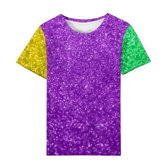 Outfmvch T-Shirts Mardi Gras pour Femmes, T-Shirts Graphiques, T-Shirts de Carnaval, Vêtements Mardi Gras, T-Shirt Imprimé à Manches Courtes Col Rond pour Femmes, Haut Décontracté à la Mode Violet L