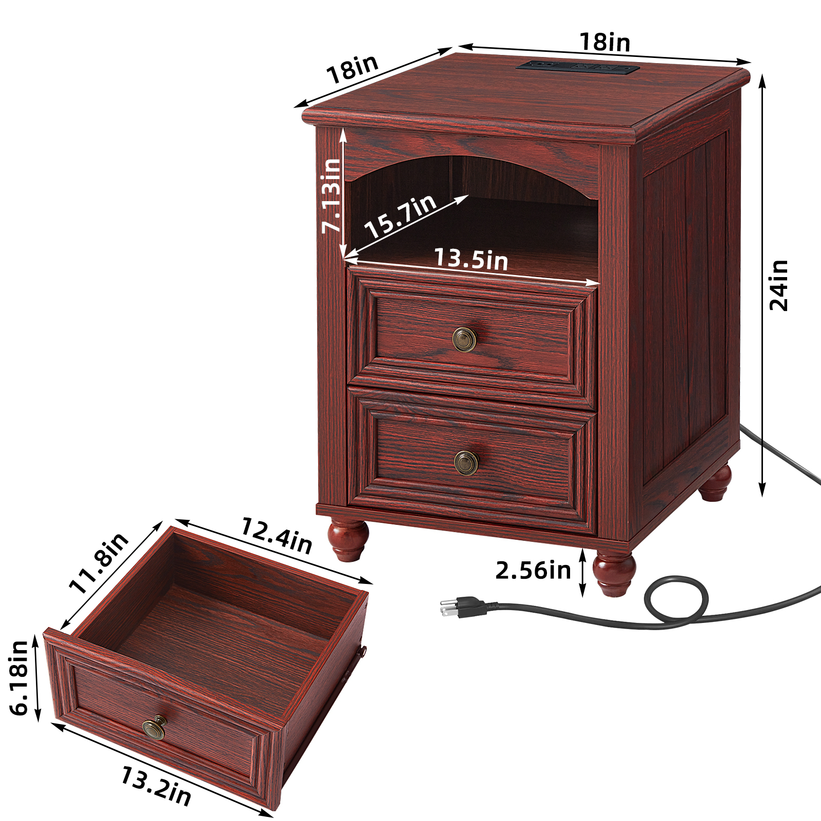 Nightstand Set of 2 with Charging Station, Rustic Modern Bedside Tables with 2 Drawers & Shelf, Bedside Tables End Table for Bedroom - Red Oak