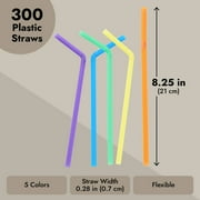 300 Pack Flexible Plastic Drinking Straws, Disposable Bendable Straws Bulk Set for Smoothies, 5 Colors (8.25 In)