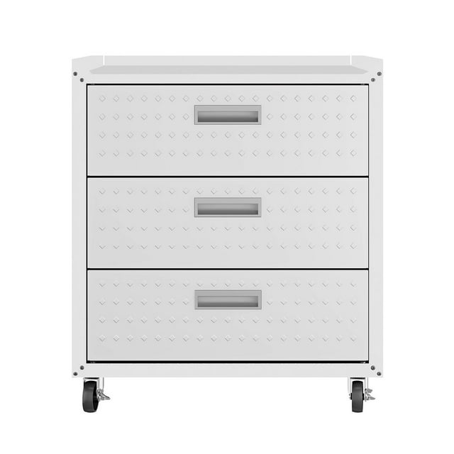 Manhattan Comfort Commode Mobile de Garage en Métal Texturé 31,5 Pouces avec 3 Tiroirs à Extension Complète en Blanc