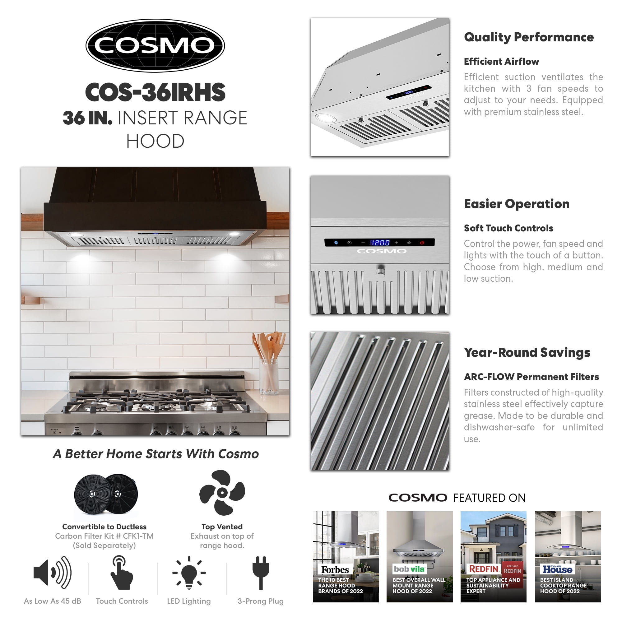 36 in. Lumin Collection Ducted Insert Range Hood, Touch Controls, LED Lights, Stainless Steel
