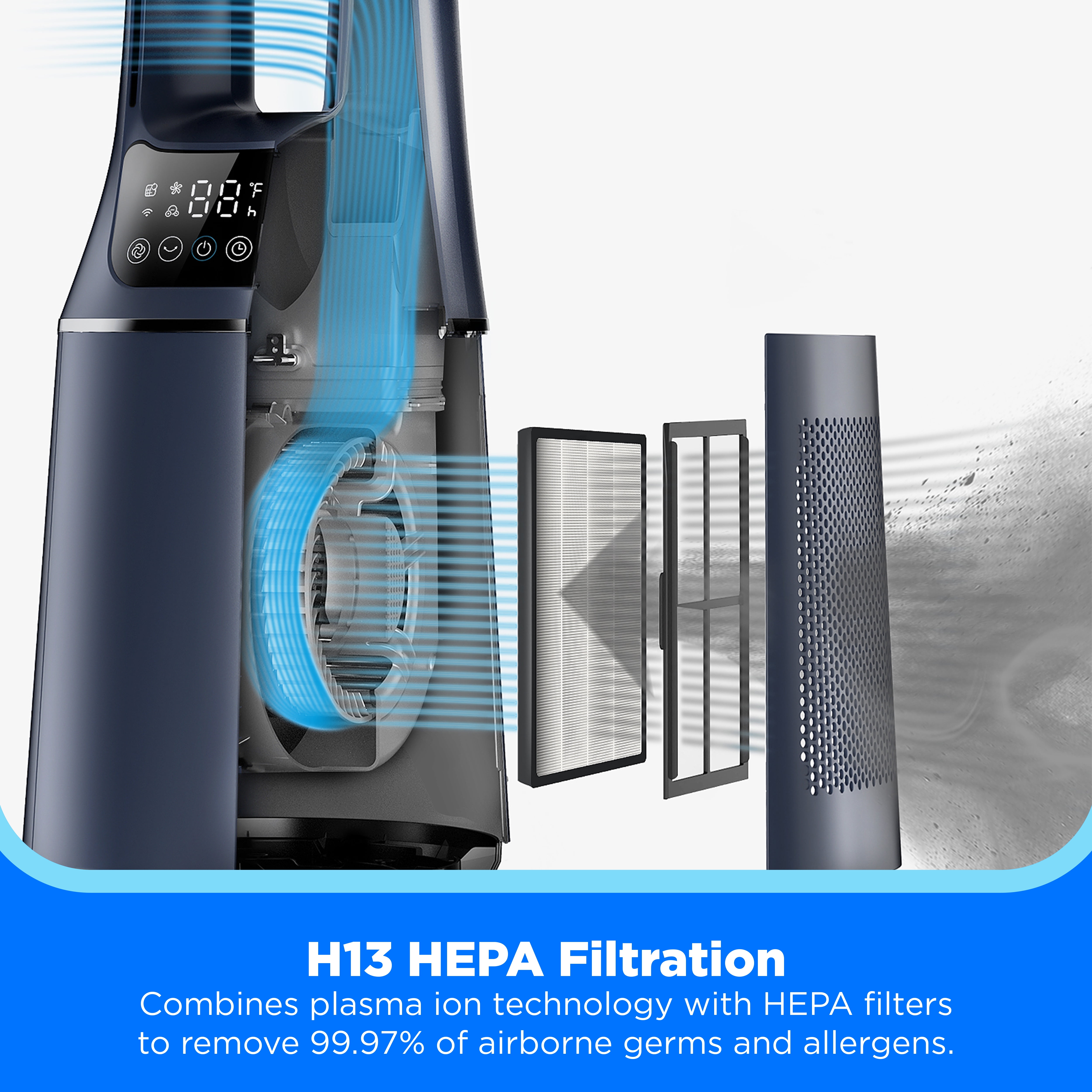 Midea 41-Inch Bladeless Tower Fan & HEPA Purifier, Smart WIFI Enabled, Remote, Blue, AMS150-PBW