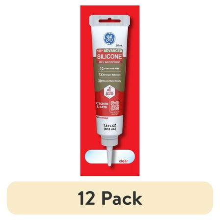 (12 pack) GE Advanced Silicone Kitchen & Bath Sealant, Pack of 1, Clear 2.8 fl oz Tube